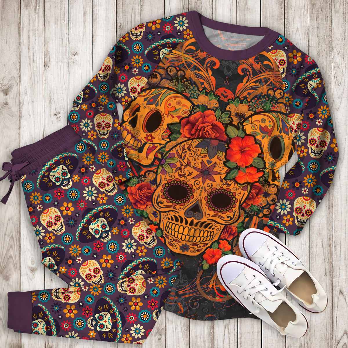 Muertos Day Of The Dead Skulls Pajama Set |Sleepwear Pjs Sets | Raglan Shirt Pants Set