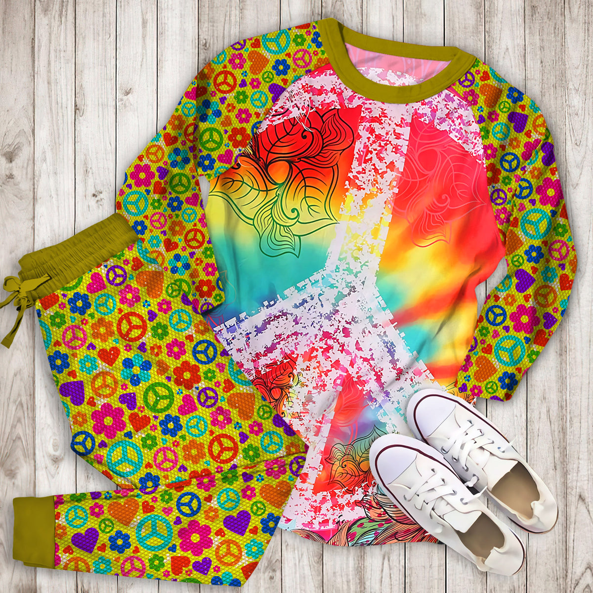 Hippie Tie Dye Pajama Set | Pajamas | Cotton Sleepwear Sets | Soft Long Sleeve Pjs | Raglan Shirt and Pants Set
