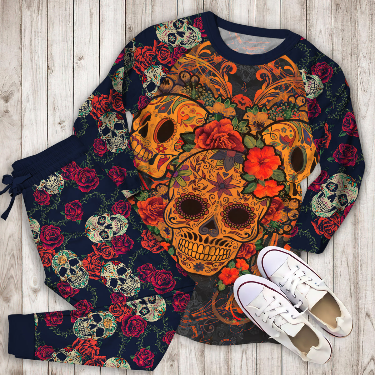 Muertos Day Of The Dead Skulls Pajama Set |Sleepwear Pjs Sets | Raglan Shirt Pants Set