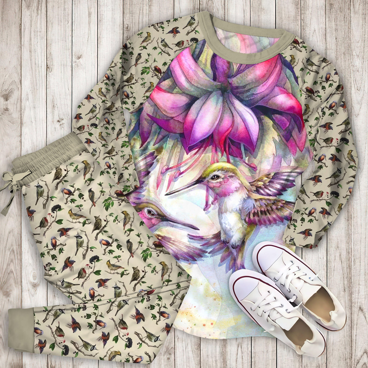 Hummingbird And Purple Fuchsia Pajama Set | Pajamas | Cotton Sleepwear Sets | Soft Long Sleeve Pjs | Raglan Shirt and Pants Set