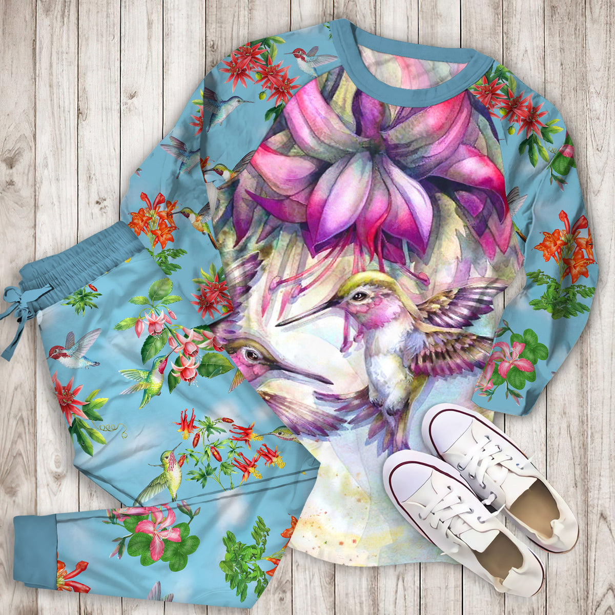 Hummingbird And Purple Fuchsia Pajama Set | Pajamas | Cotton Sleepwear Sets | Soft Long Sleeve Pjs | Raglan Shirt and Pants Set