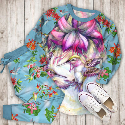 Hummingbird And Purple Fuchsia Pajama Set | Pajamas | Cotton Sleepwear Sets | Soft Long Sleeve Pjs | Raglan Shirt and Pants Set