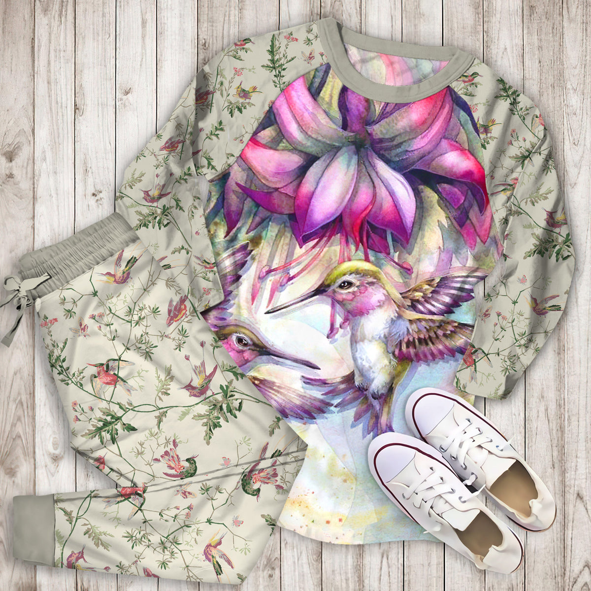 Hummingbird And Purple Fuchsia Pajama Set | Pajamas | Cotton Sleepwear Sets | Soft Long Sleeve Pjs | Raglan Shirt and Pants Set