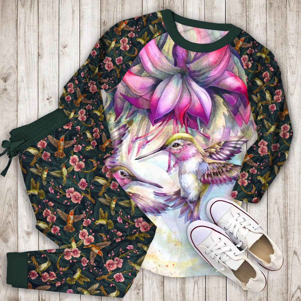 Hummingbird And Purple Fuchsia Pajama Set | Pajamas | Cotton Sleepwear Sets | Soft Long Sleeve Pjs | Raglan Shirt and Pants Set