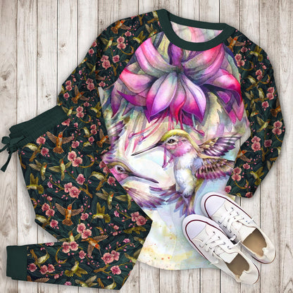 Hummingbird And Purple Fuchsia Pajama Set | Pajamas | Cotton Sleepwear Sets | Soft Long Sleeve Pjs | Raglan Shirt and Pants Set