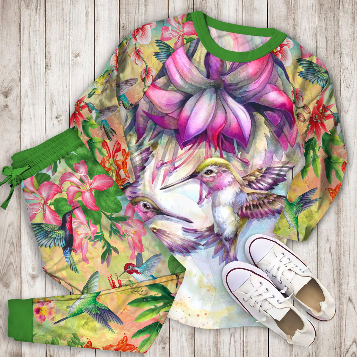 Hummingbird And Purple Fuchsia Pajama Set | Pajamas | Cotton Sleepwear Sets | Soft Long Sleeve Pjs | Raglan Shirt and Pants Set