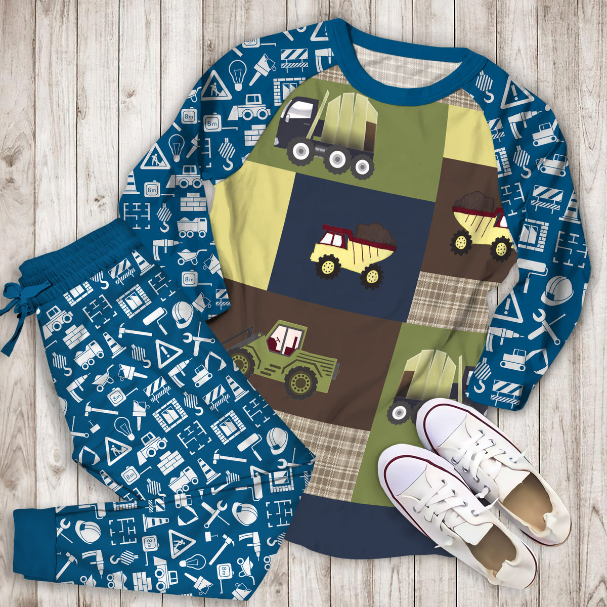 Construction Zone Pajama Set | Pajamas | Cotton Sleepwear Sets | Soft Long Sleeve Pjs | Raglan Shirt and Pants Set