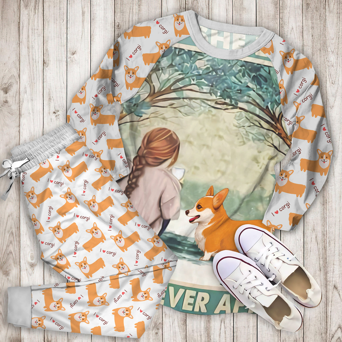 Corgi And She Lived Happily Ever After Pajama Set | Pajamas | Cotton Sleepwear Sets | Soft Long Sleeve Pjs | Raglan Shirt and Pants Set