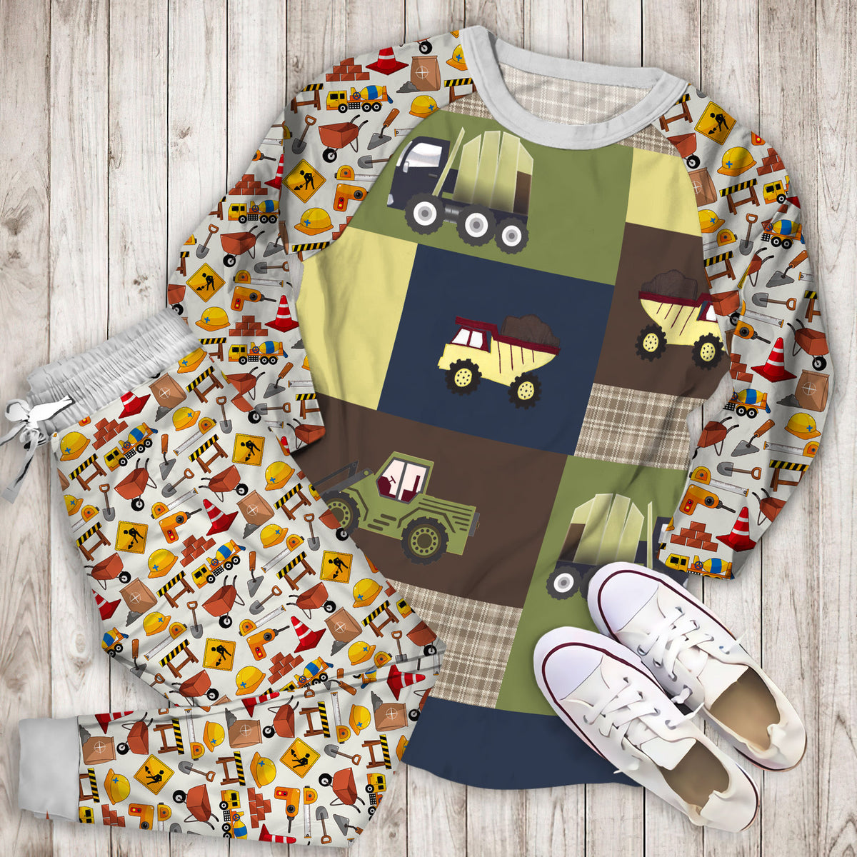 Construction Zone Pajama Set | Pajamas | Cotton Sleepwear Sets | Soft Long Sleeve Pjs | Raglan Shirt and Pants Set