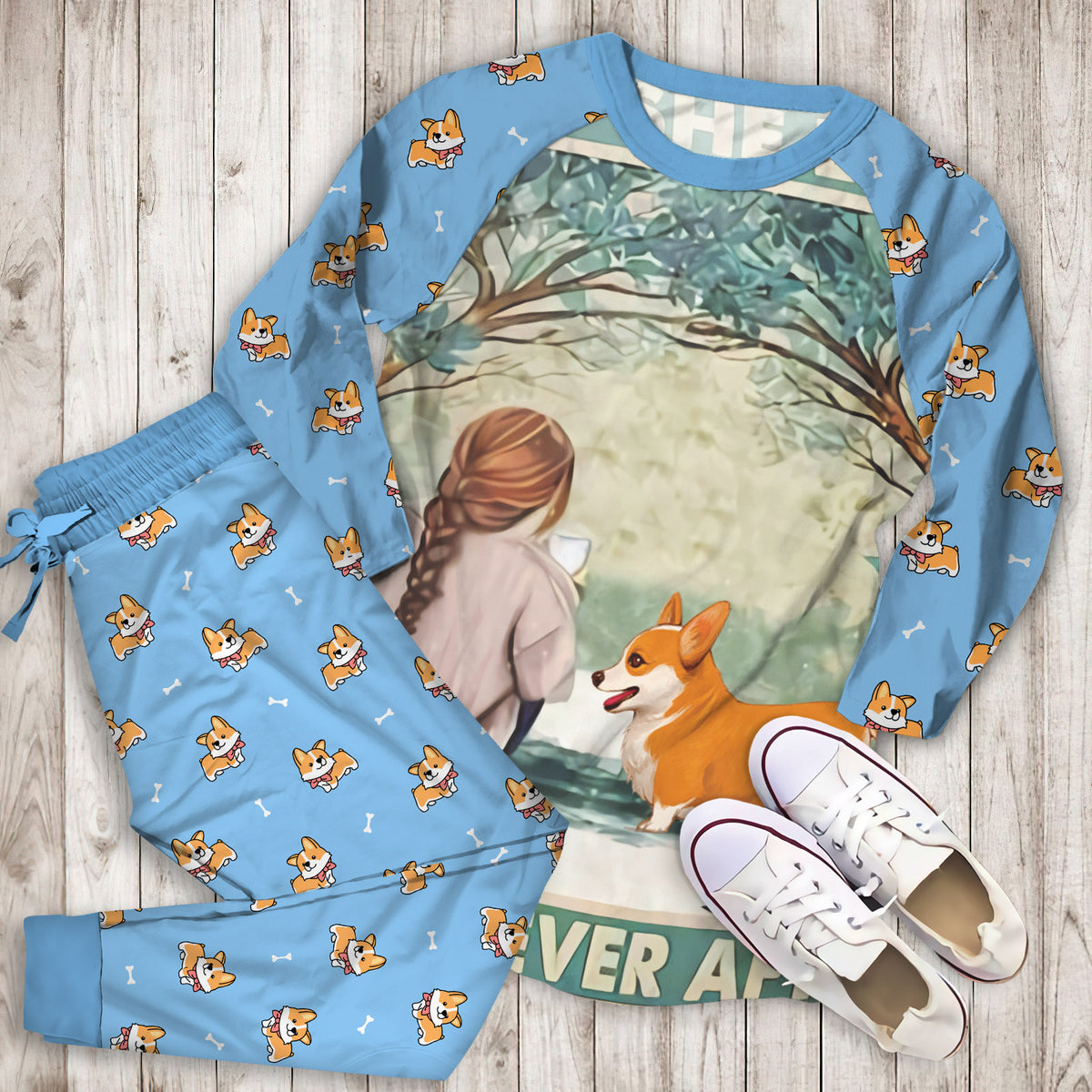 Corgi And She Lived Happily Ever After Pajama Set | Pajamas | Cotton Sleepwear Sets | Soft Long Sleeve Pjs | Raglan Shirt and Pants Set