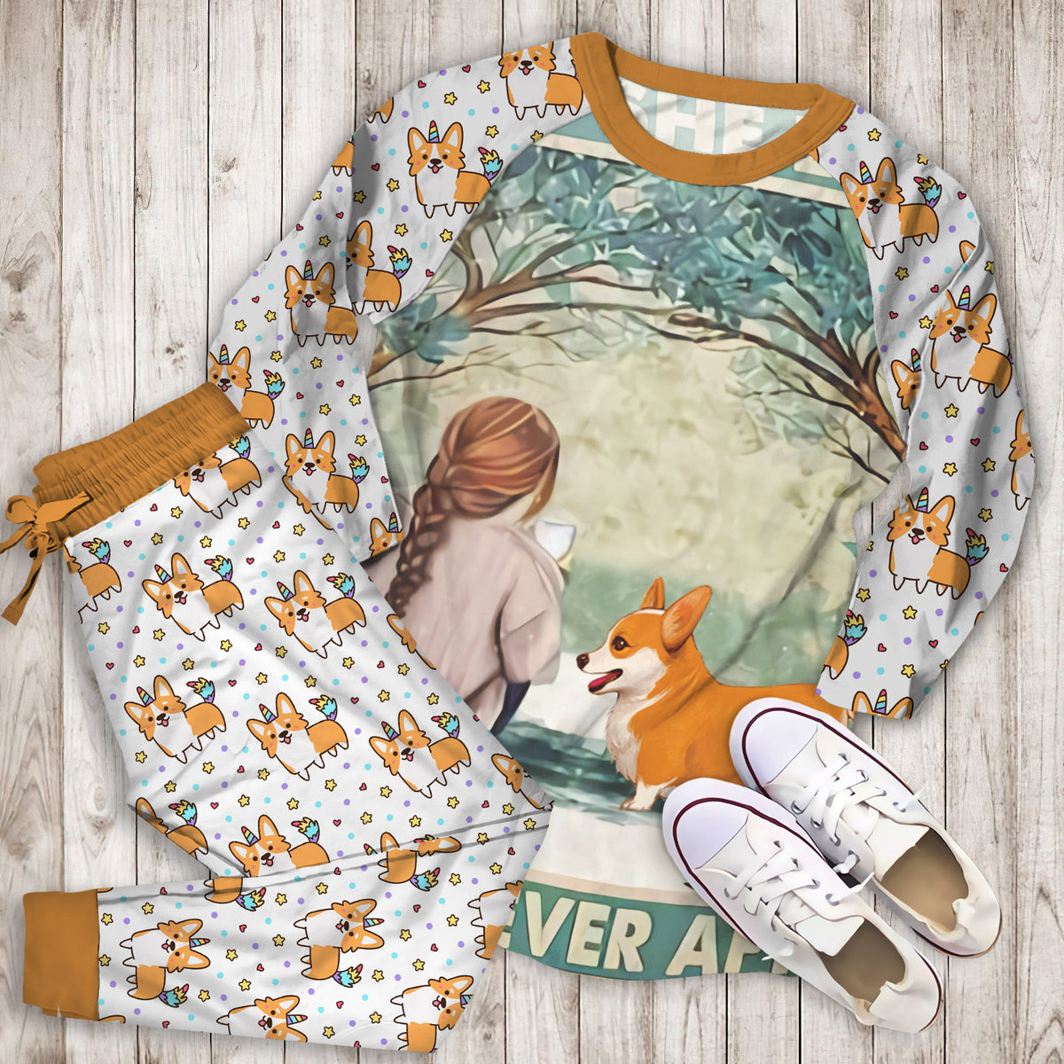 Corgi And She Lived Happily Ever After Pajama Set | Pajamas | Cotton Sleepwear Sets | Soft Long Sleeve Pjs | Raglan Shirt and Pants Set