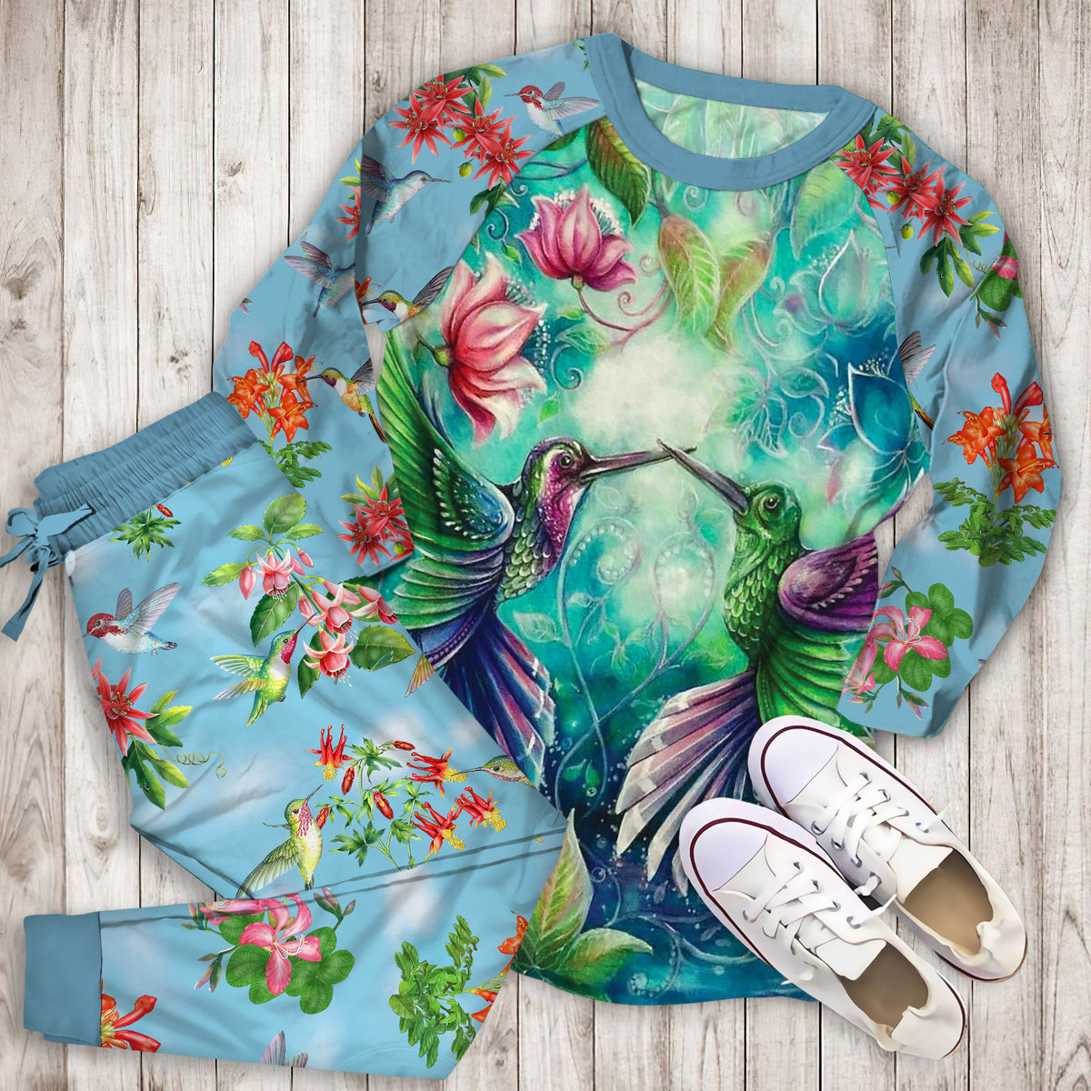 Hummingbirds Pajama Set | Pajamas | Cotton Sleepwear Sets | Soft Long Sleeve Pjs | Raglan Shirt and Pants Set