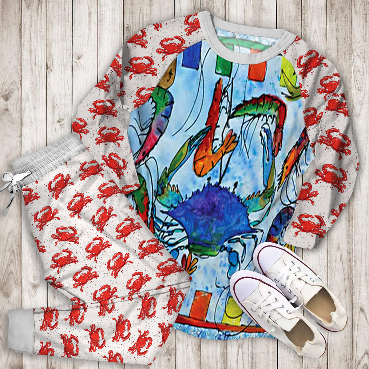Crab Pajama Set | Pajamas | Cotton Sleepwear Sets | Soft Long Sleeve Pjs | Raglan Shirt and Pants Set