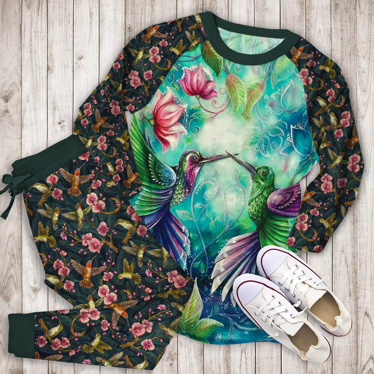 Hummingbirds Pajama Set | Pajamas | Cotton Sleepwear Sets | Soft Long Sleeve Pjs | Raglan Shirt and Pants Set