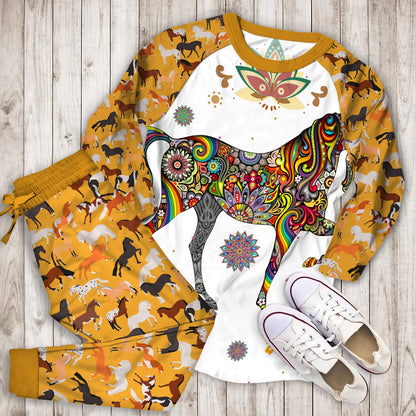 Pattern Horse Pajama Set | Pajamas | Cotton Sleepwear Sets | Soft Long Sleeve Pjs | Raglan Shirt and Pants Set
