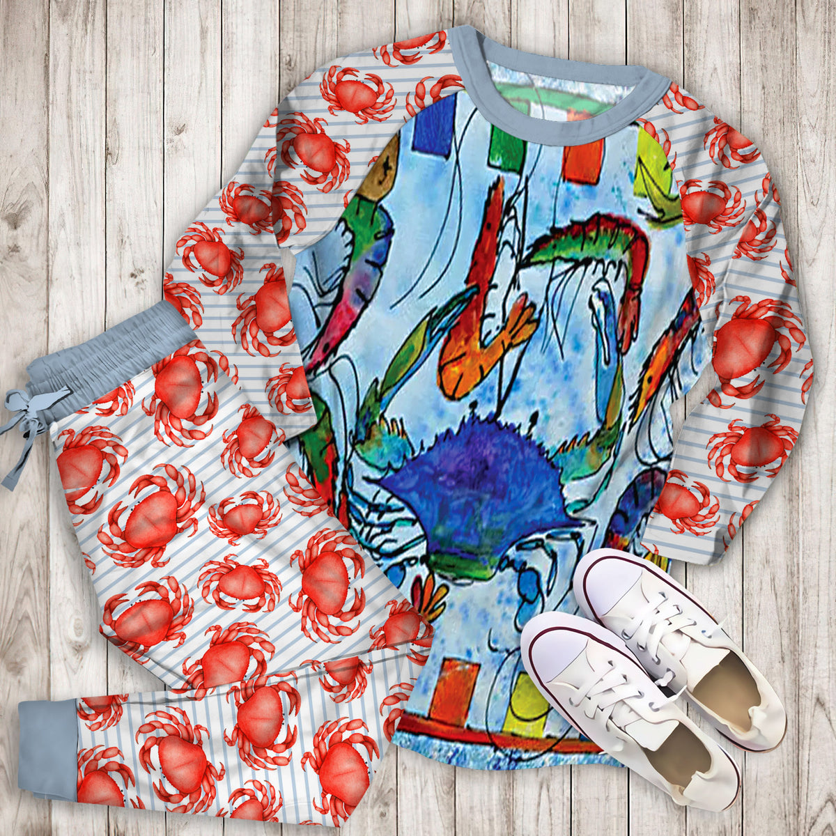 Crab Pajama Set | Pajamas | Cotton Sleepwear Sets | Soft Long Sleeve Pjs | Raglan Shirt and Pants Set
