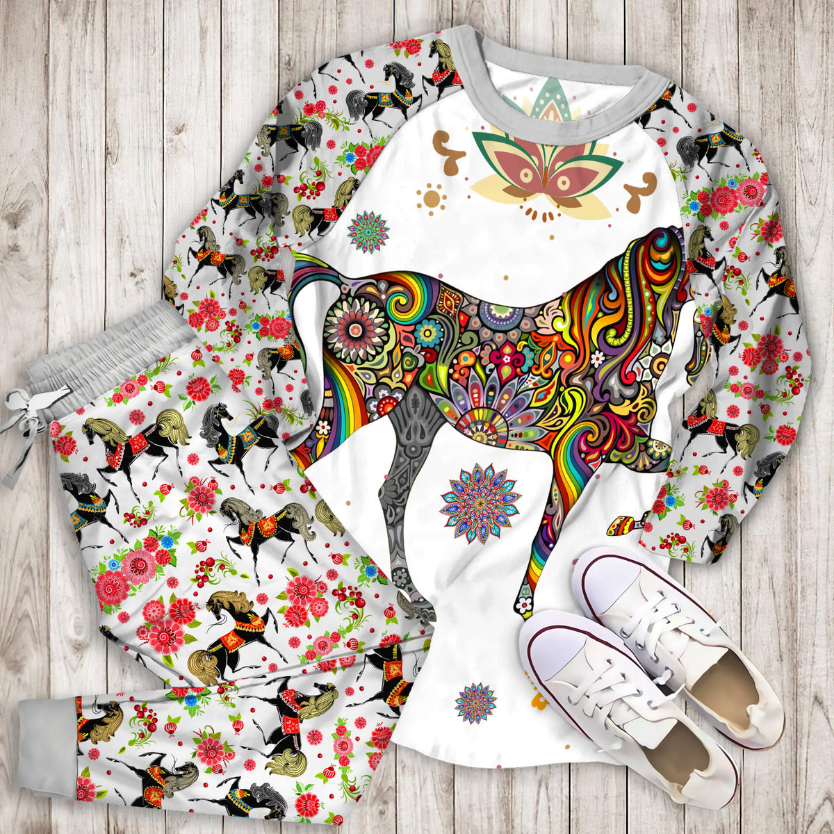 Pattern Horse Pajama Set | Pajamas | Cotton Sleepwear Sets | Soft Long Sleeve Pjs | Raglan Shirt and Pants Set