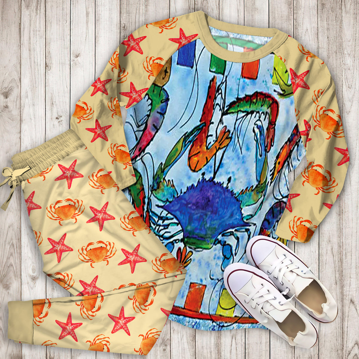 Crab Pajama Set | Pajamas | Cotton Sleepwear Sets | Soft Long Sleeve Pjs | Raglan Shirt and Pants Set