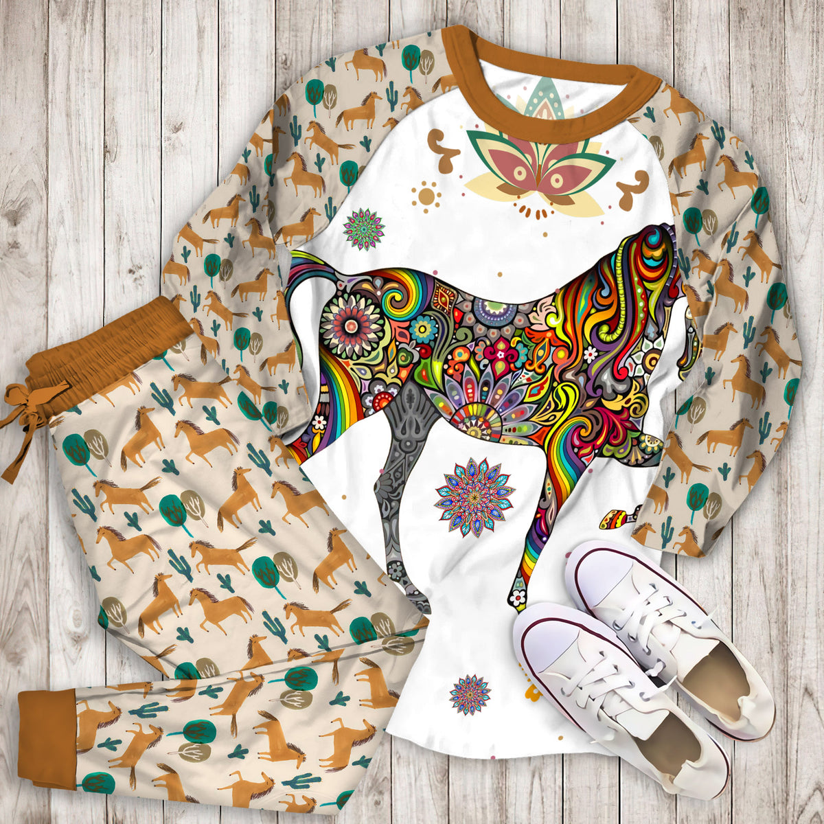 Pattern Horse Pajama Set | Pajamas | Cotton Sleepwear Sets | Soft Long Sleeve Pjs | Raglan Shirt and Pants Set