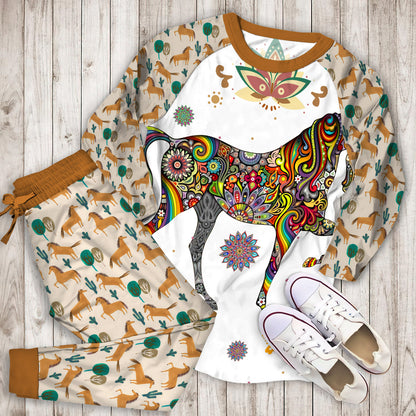 Pattern Horse Pajama Set | Pajamas | Cotton Sleepwear Sets | Soft Long Sleeve Pjs | Raglan Shirt and Pants Set