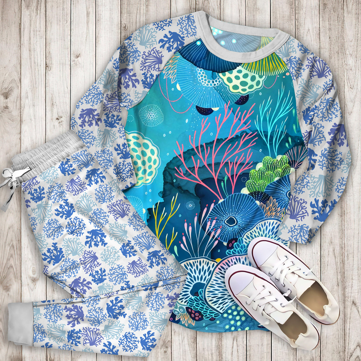 Coral Reef Pajama Set | Pajamas | Cotton Sleepwear Sets | Soft Long Sleeve Pjs | Raglan Shirt and Pants Set