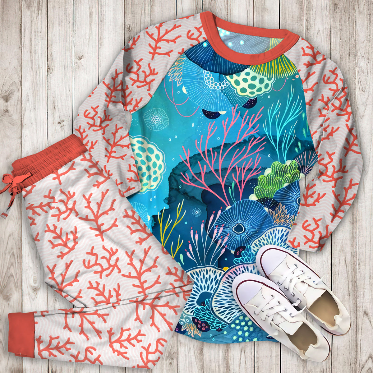 Coral Reef Pajama Set | Pajamas | Cotton Sleepwear Sets | Soft Long Sleeve Pjs | Raglan Shirt and Pants Set