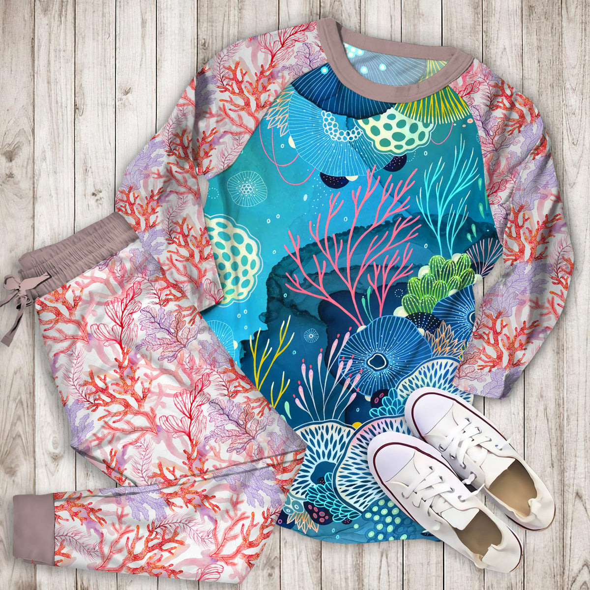 Coral Reef Pajama Set | Pajamas | Cotton Sleepwear Sets | Soft Long Sleeve Pjs | Raglan Shirt and Pants Set