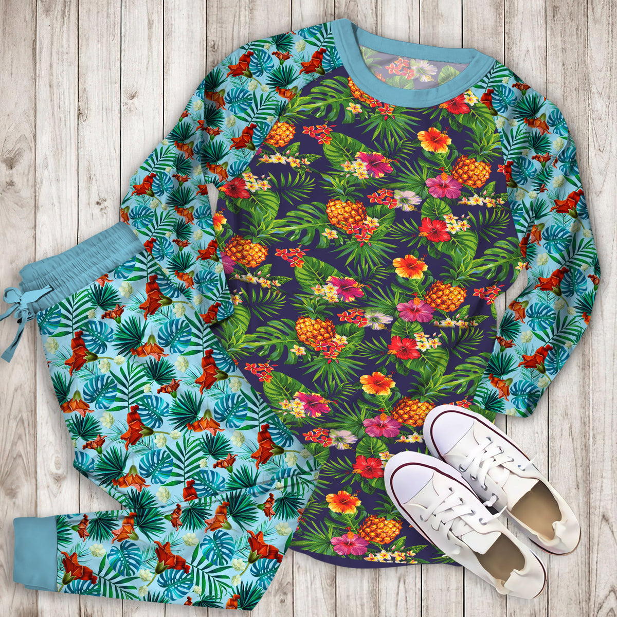 Aloha Hawaii Tropical Pajama Set | Pajamas | Cotton Sleepwear Sets | Soft Long Sleeve Pjs | Raglan Shirt and Pants Set