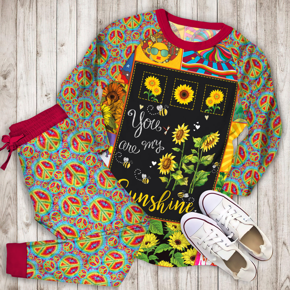 Hippie Sunflower Secret Pajama Set |Sleepwear Pjs Sets | Raglan Shirt Pants Set
