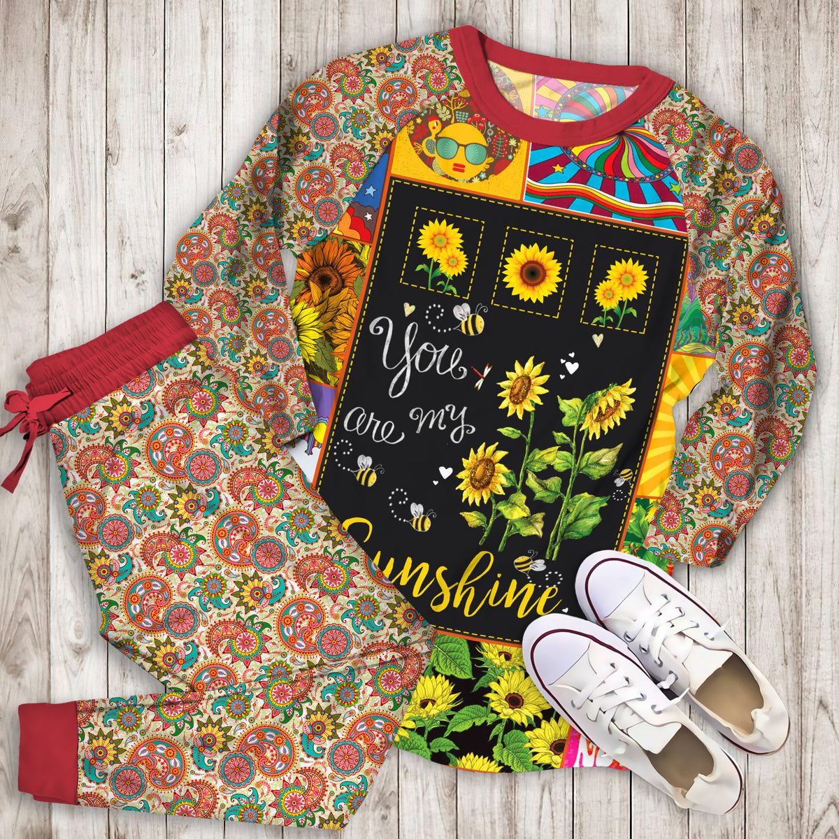 Hippie Sunflower Secret Pajama Set |Sleepwear Pjs Sets | Raglan Shirt Pants Set