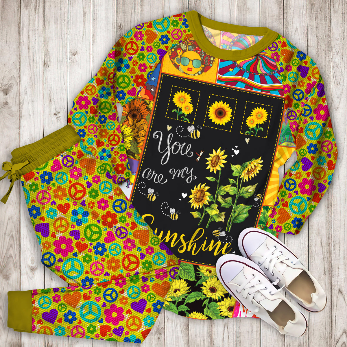 Hippie Sunflower Secret Pajama Set |Sleepwear Pjs Sets | Raglan Shirt Pants Set