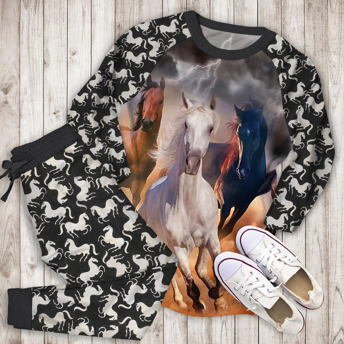 Horses Pajama Set | Pajamas | Cotton Sleepwear Sets | Soft Long Sleeve Pjs | Raglan Shirt and Pants Set