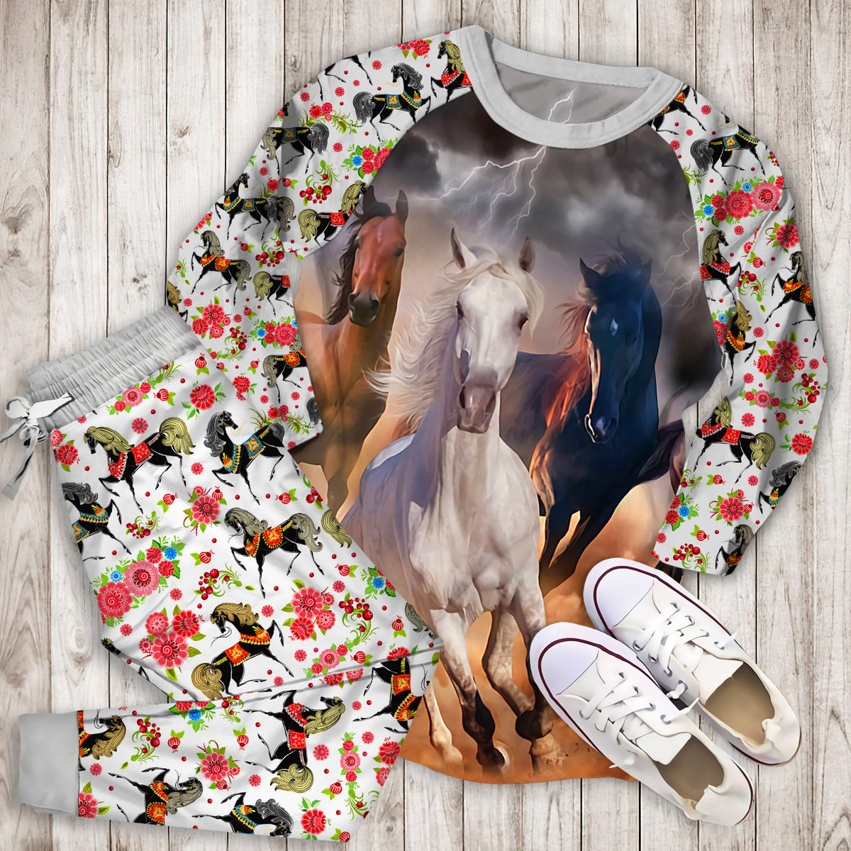 Horses Pajama Set | Pajamas | Cotton Sleepwear Sets | Soft Long Sleeve Pjs | Raglan Shirt and Pants Set