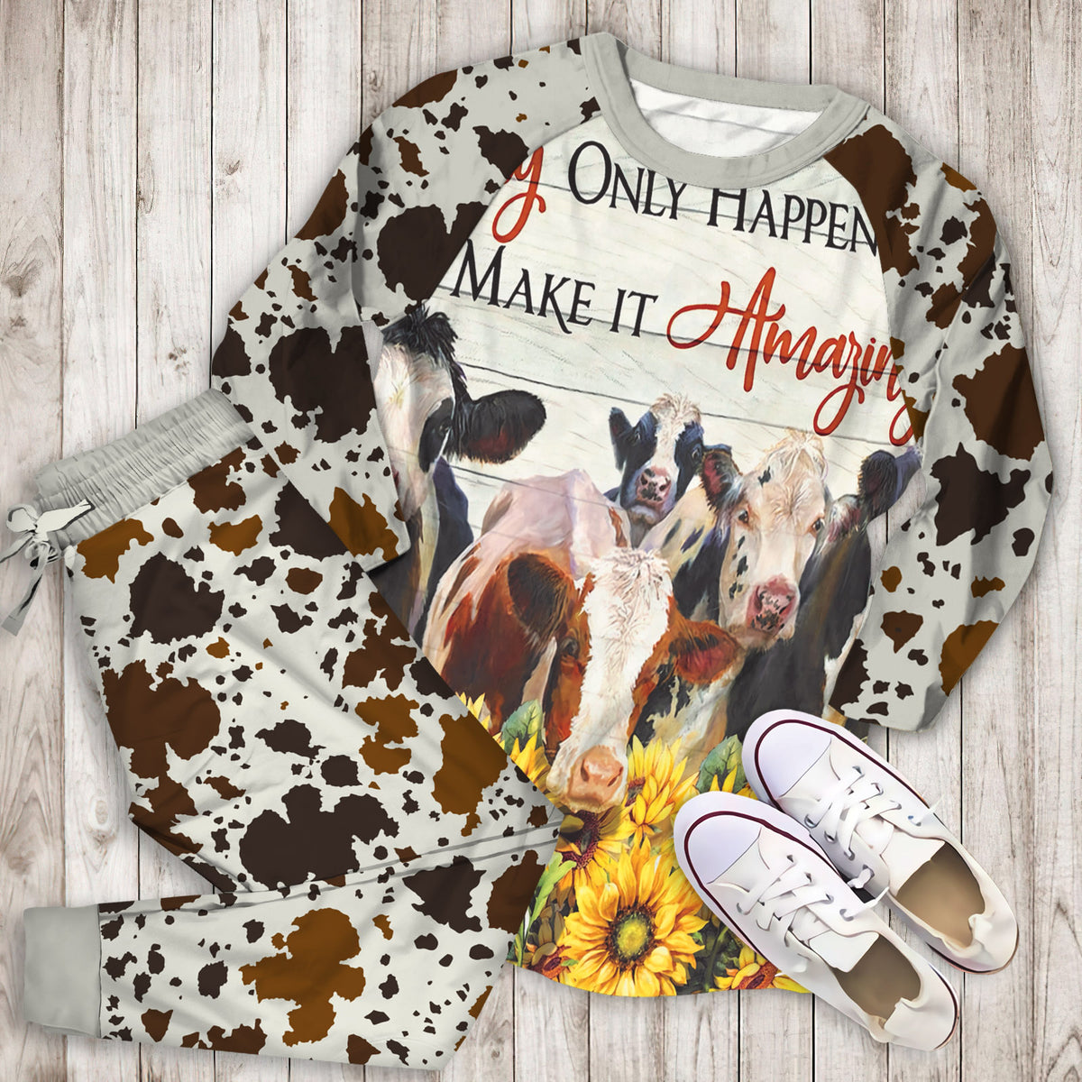 Cow Amazing Day Pajama Set |Sleepwear Pjs Sets | Raglan Shirt Pants Set
