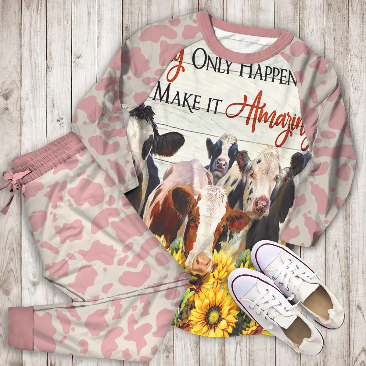 Cow Amazing Day Pajama Set |Sleepwear Pjs Sets | Raglan Shirt Pants Set
