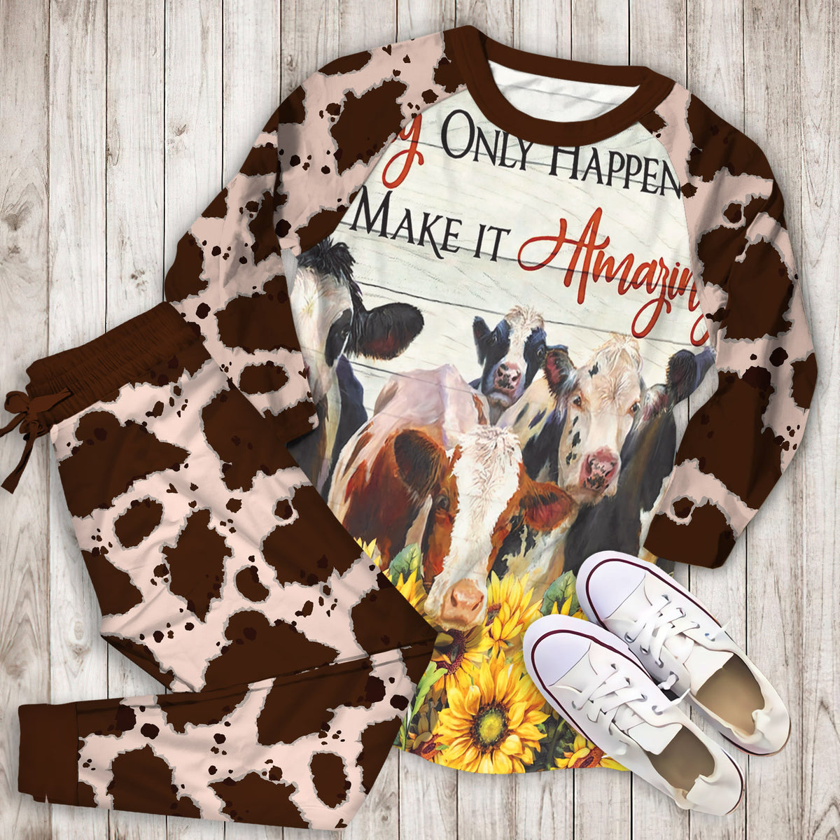 Cow Amazing Day Pajama Set |Sleepwear Pjs Sets | Raglan Shirt Pants Set