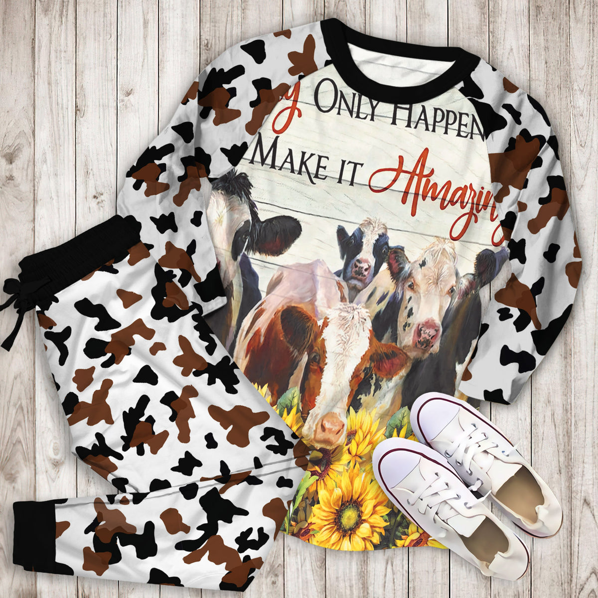 Cow Amazing Day Pajama Set |Sleepwear Pjs Sets | Raglan Shirt Pants Set