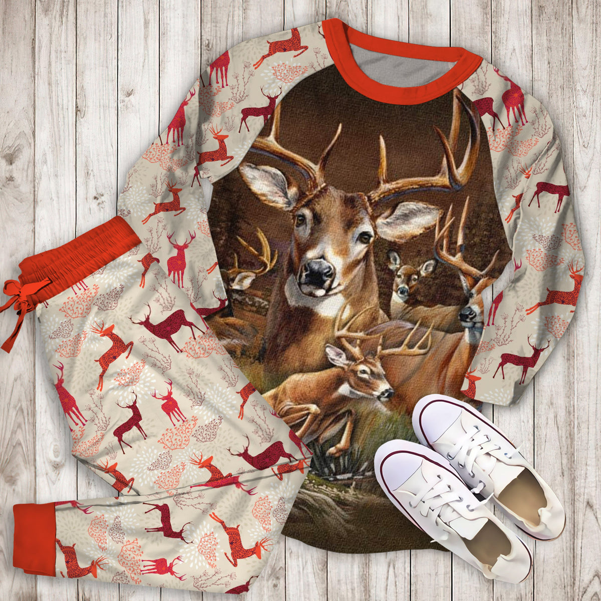 Deer Pajama Set | Pajamas | Cotton Sleepwear Sets | Soft Long Sleeve Pjs | Raglan Shirt and Pants Set