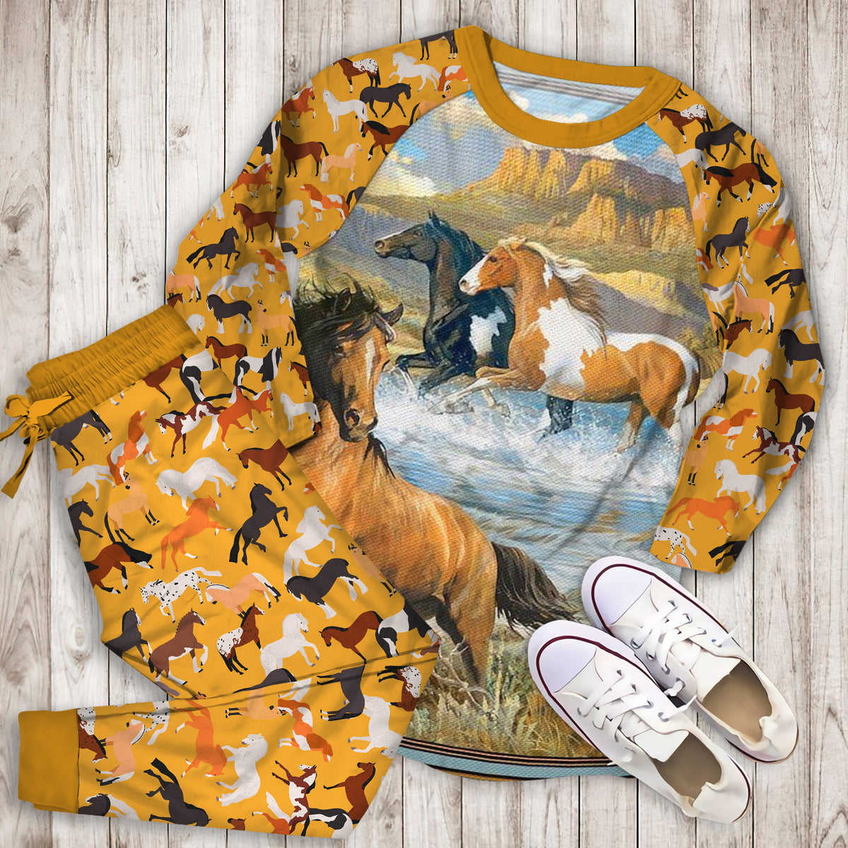 Horse Pajama Set | Pajamas | Cotton Sleepwear Sets | Soft Long Sleeve Pjs | Raglan Shirt and Pants Set