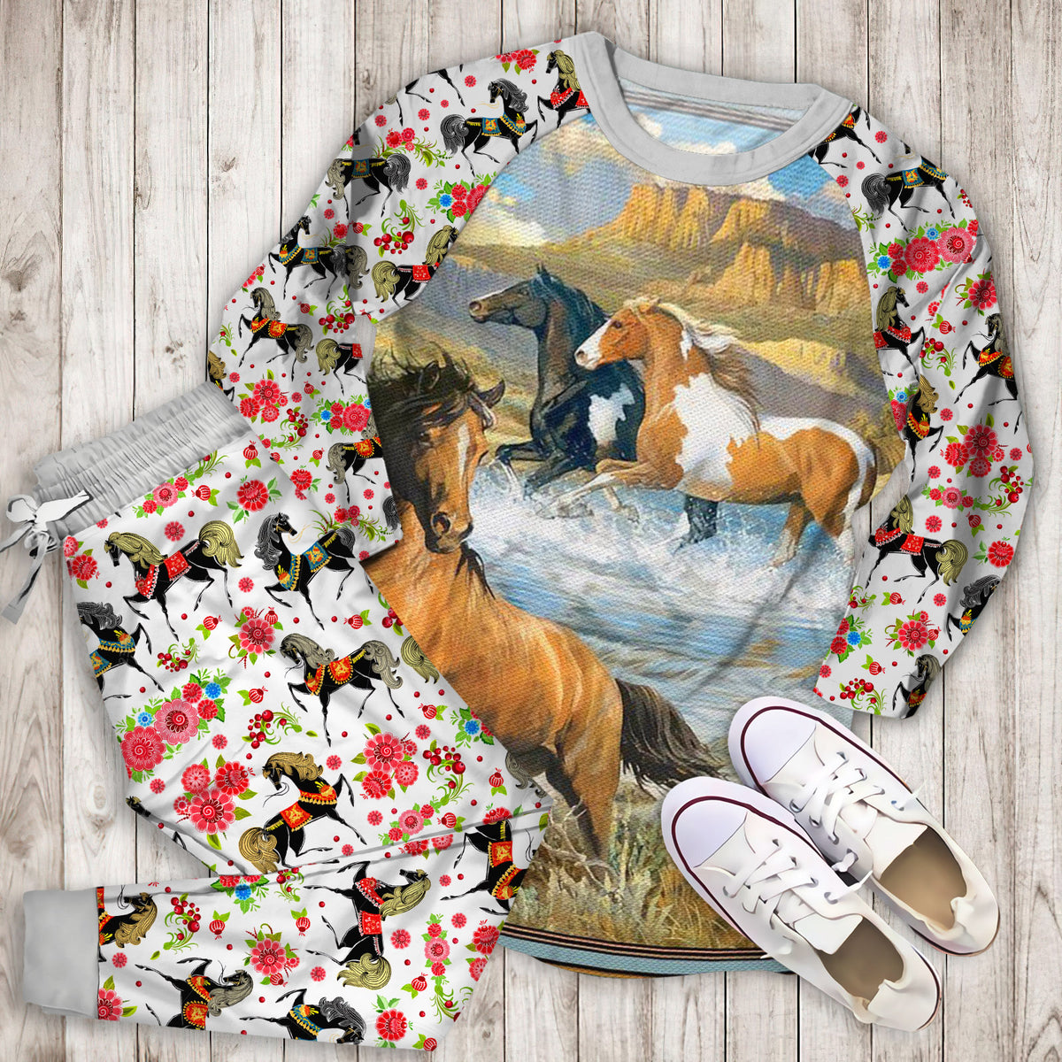 Horse Pajama Set | Pajamas | Cotton Sleepwear Sets | Soft Long Sleeve Pjs | Raglan Shirt and Pants Set