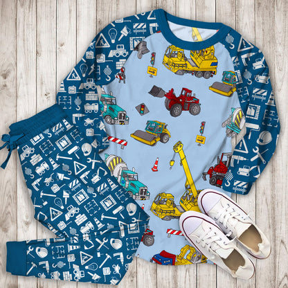 Construction Trucks Pajama Set |Sleepwear Pjs Sets | Raglan Shirt Pants Set
