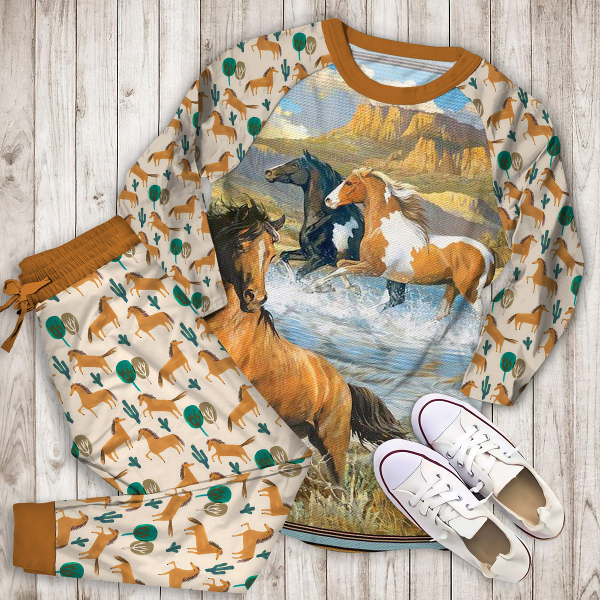 Horse Pajama Set | Pajamas | Cotton Sleepwear Sets | Soft Long Sleeve Pjs | Raglan Shirt and Pants Set
