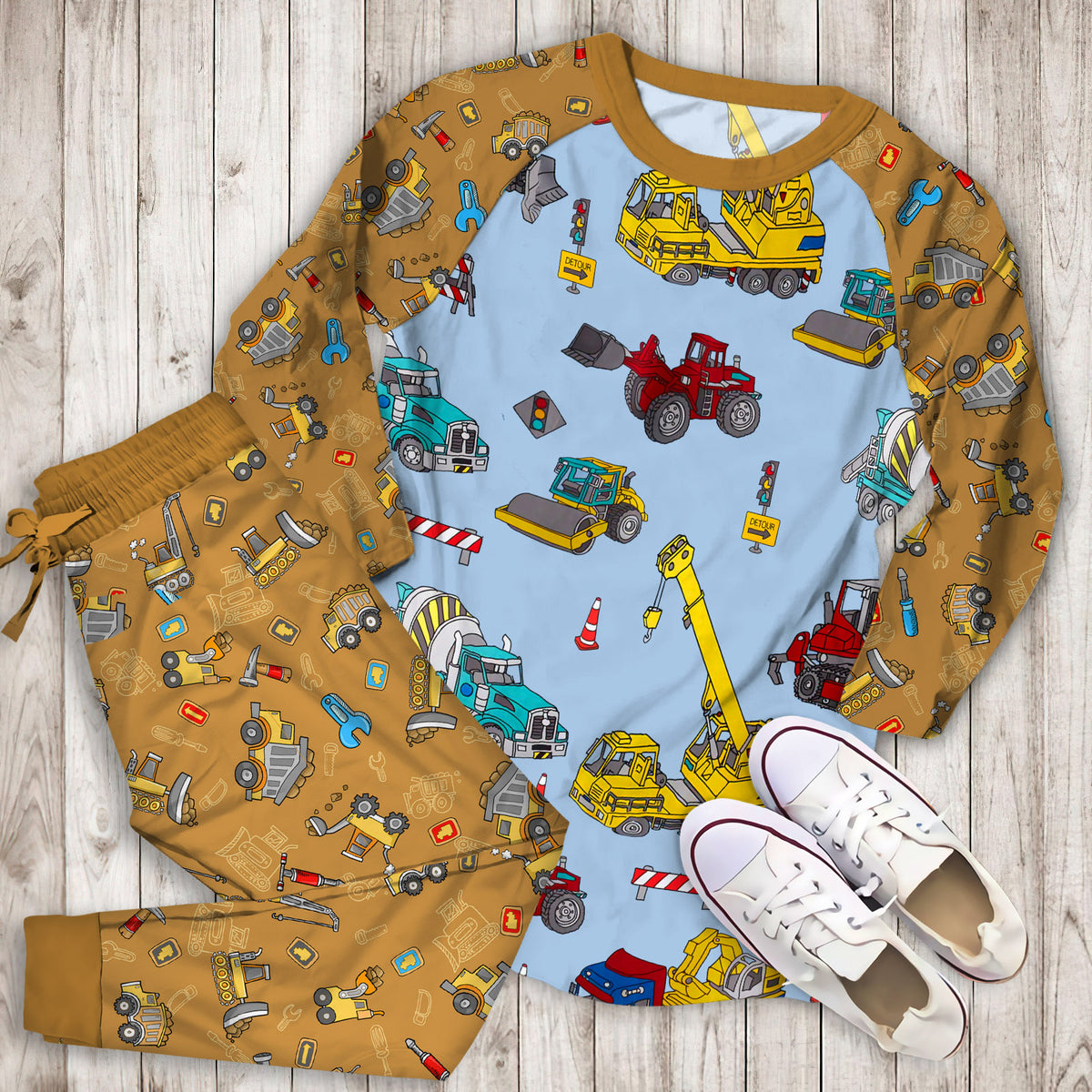 Construction Trucks Pajama Set |Sleepwear Pjs Sets | Raglan Shirt Pants Set
