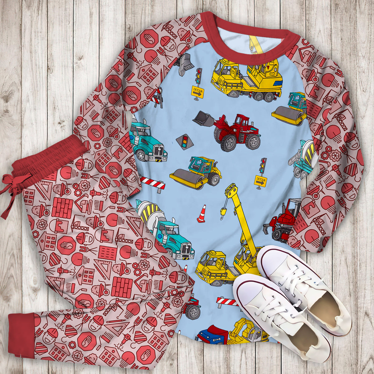 Construction Trucks Pajama Set |Sleepwear Pjs Sets | Raglan Shirt Pants Set