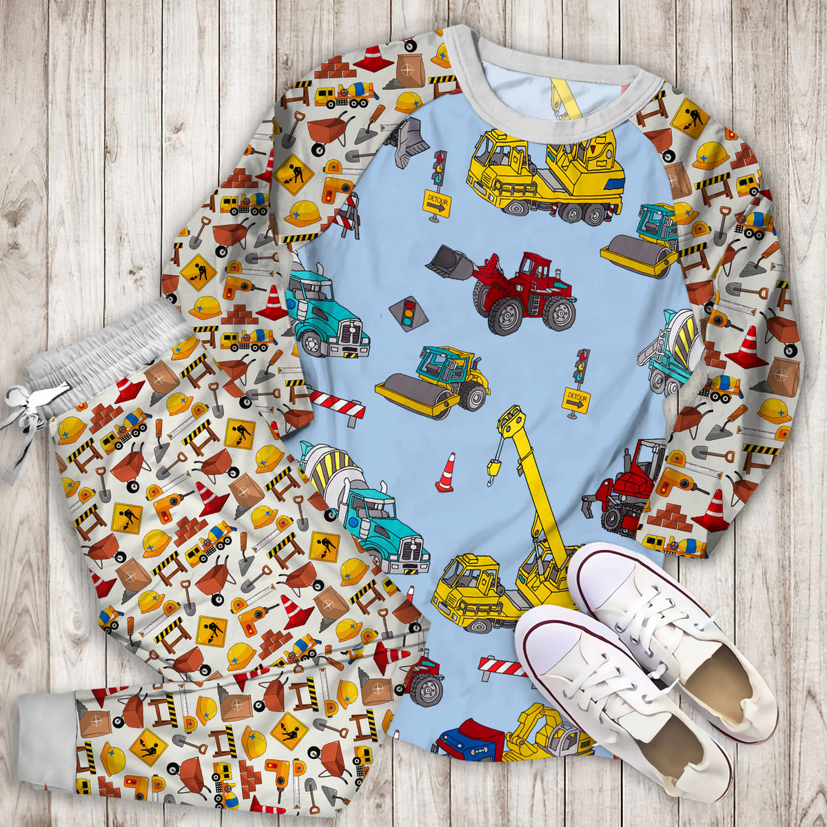 Construction Trucks Pajama Set |Sleepwear Pjs Sets | Raglan Shirt Pants Set