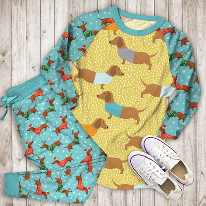 Multi Dolly Dachshund Sausage Dog Pajama Set | Pajamas | Cotton Sleepwear Sets | Soft Long Sleeve Pjs | Raglan Shirt and Pants Set