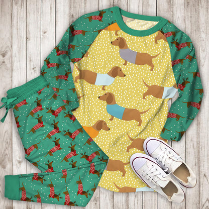 Multi Dolly Dachshund Sausage Dog Pajama Set | Pajamas | Cotton Sleepwear Sets | Soft Long Sleeve Pjs | Raglan Shirt and Pants Set