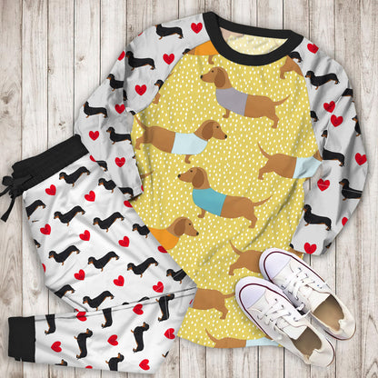 Multi Dolly Dachshund Sausage Dog Pajama Set | Pajamas | Cotton Sleepwear Sets | Soft Long Sleeve Pjs | Raglan Shirt and Pants Set