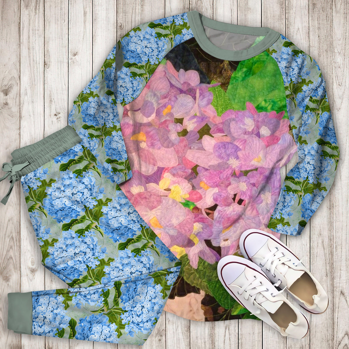 Hydrangea Pajama Set | Pajamas | Cotton Sleepwear Sets | Soft Long Sleeve Pjs | Raglan Shirt and Pants Set