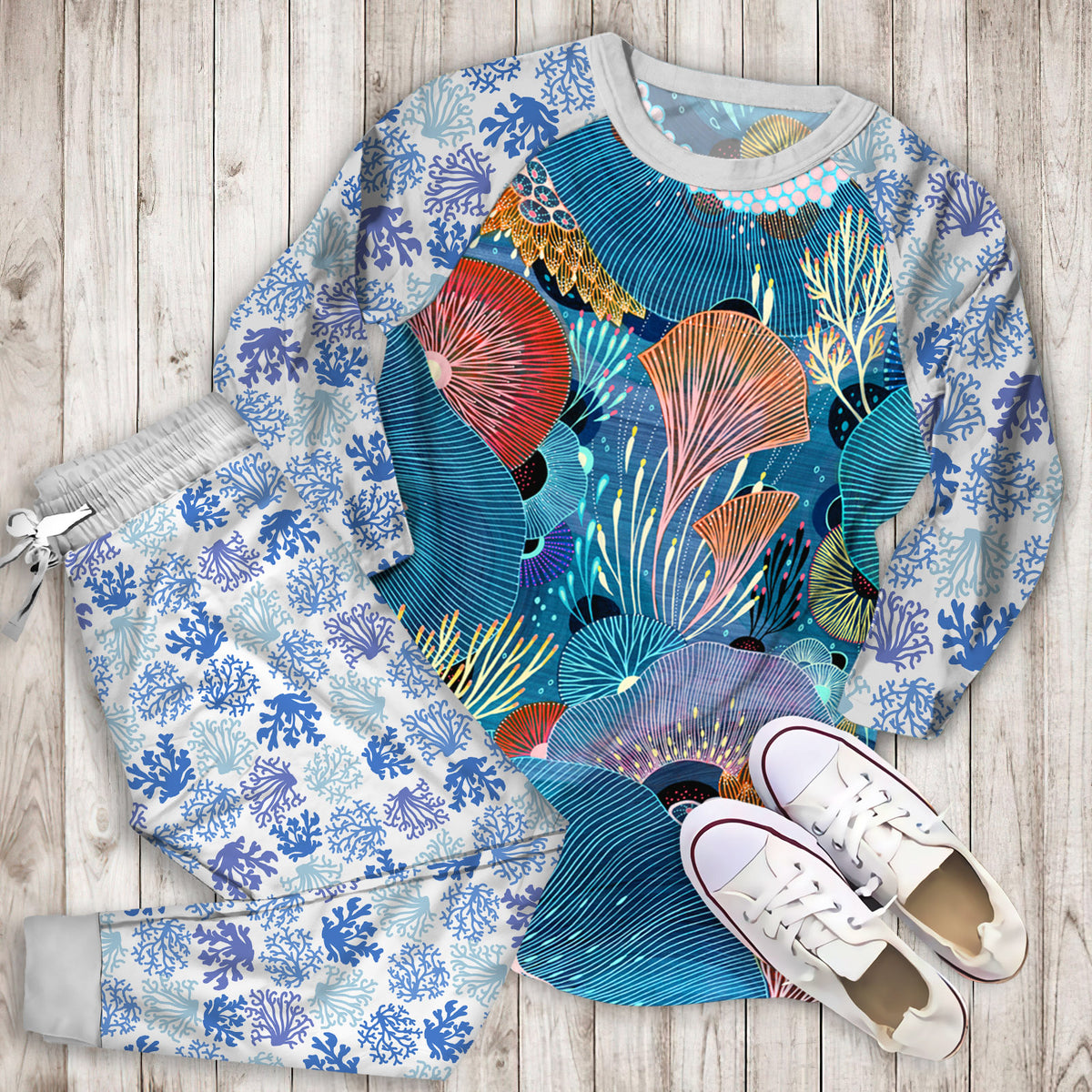 Coral Pajama Set |Sleepwear Pjs Sets | Raglan Shirt Pants Set